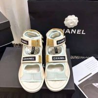 Chanel Women Sandals Goatskin Fabric & TPU White Light Grey & Navy Blue