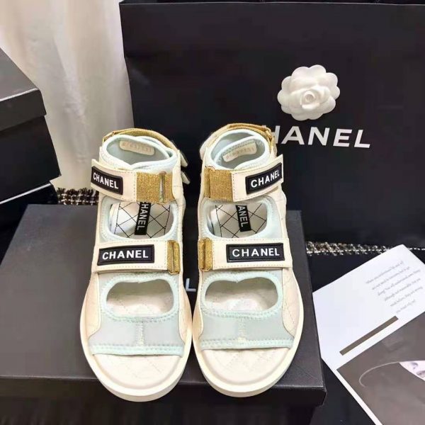 Chanel Women Sandals Goatskin Fabric & TPU White Light Grey & Navy Blue (3)