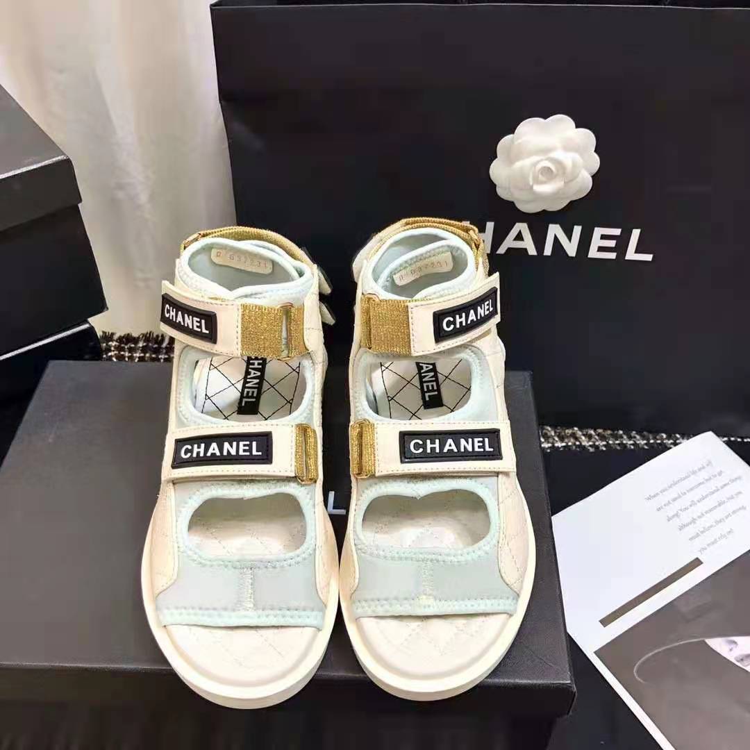 Chanel Women Sandals Goatskin Fabric & TPU White Light Grey & Navy Blue -  LULUX