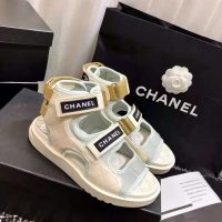 Chanel Women Sandals Goatskin Fabric & TPU White Light Grey & Navy Blue