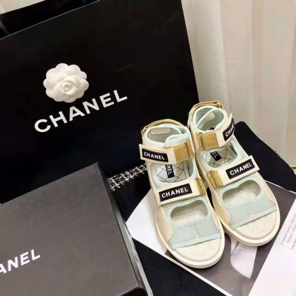 Chanel Women Sandals Goatskin Fabric & TPU White Light Grey & Navy Blue (5)
