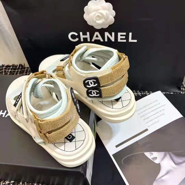 Chanel Women Sandals Goatskin Fabric & TPU White Light Grey & Navy Blue (8)