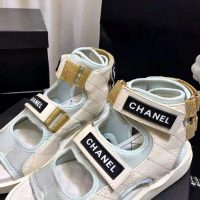 Chanel Women Sandals Goatskin Fabric & TPU White Light Grey & Navy Blue