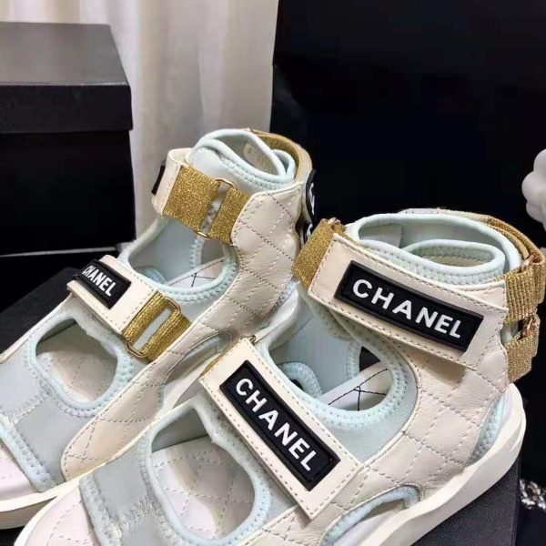 Chanel Women Sandals Goatskin Fabric & TPU White Light Grey & Navy Blue (9)