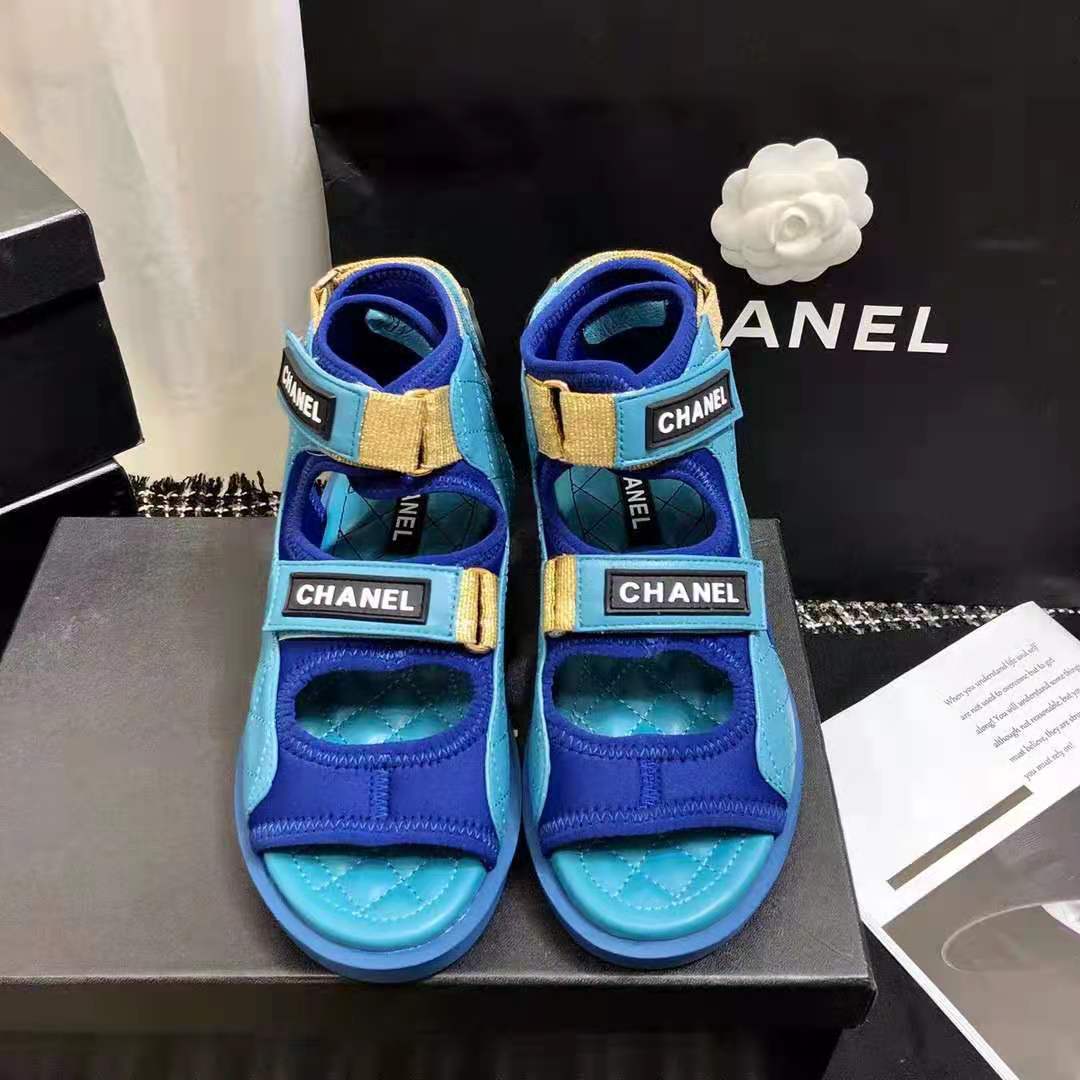 Chanel Women Sandals Goatskin Fabric & TPU Blue Dark Blue & Black