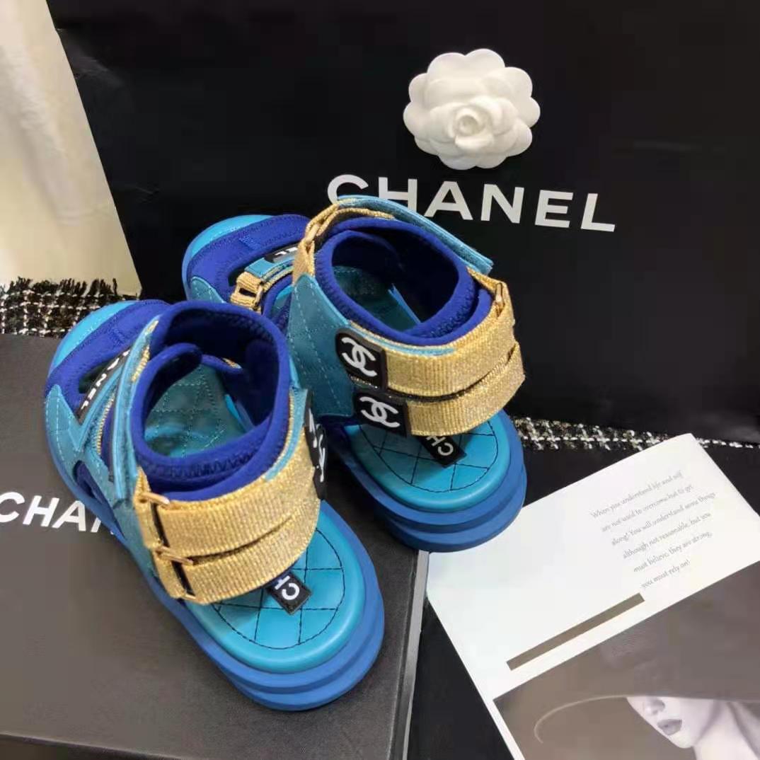 Chanel Women Sandals Goatskin Fabric & TPU Blue Dark Blue & Black - LULUX