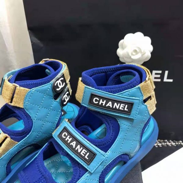 Chanel Women Sandals Goatskin Fabric & TPU White Light Grey & Navy Blue (18)