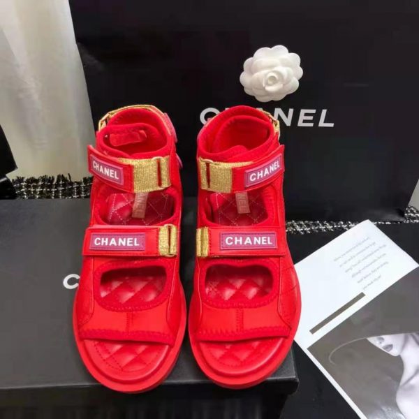 Chanel Women Sandals Goatskin Goatskin Fabric & TPU Red Dark Red & Light Pink (3)