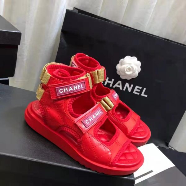 Chanel Women Sandals Goatskin Goatskin Fabric & TPU Red Dark Red & Light Pink (4)