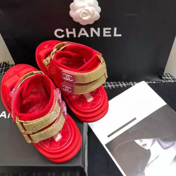 Chanel Women Sandals Goatskin Goatskin Fabric & TPU Red Dark Red & Light Pink (8)