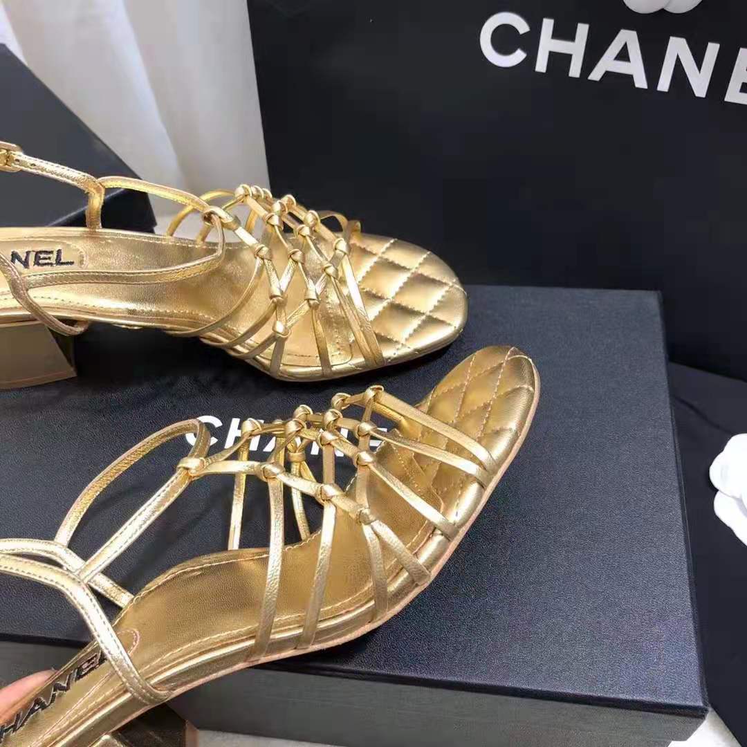 Chanel Women Sandals Laminated Lambskin Gold 5 cm Heel - LULUX