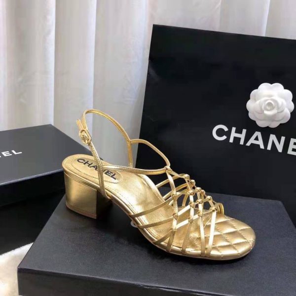 Chanel Women Sandals Laminated Lambskin Gold 5 cm Heel (3)