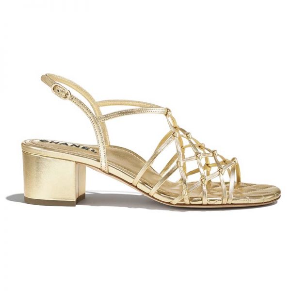 Chanel Women Sandals Laminated Lambskin Gold 5 cm Heel