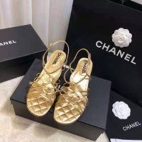 Chanel Women Sandals Laminated Lambskin Gold 5 cm Heel