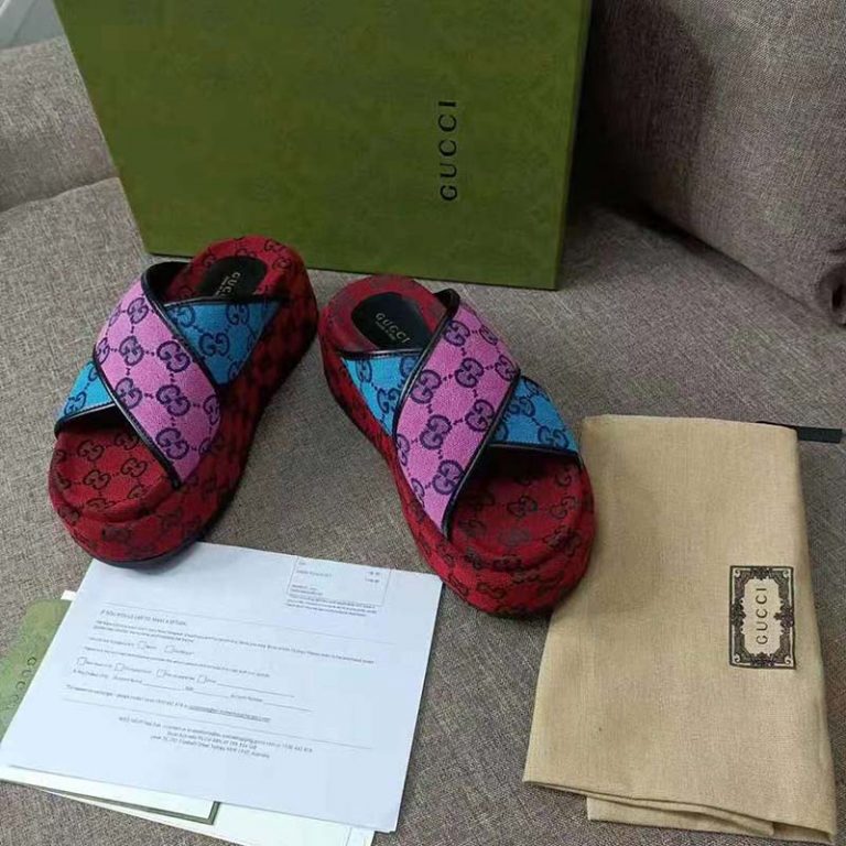 Gucci GG Women GG Multicolor Platform Sandal Light Blue and Blue GG Canvas LULUX