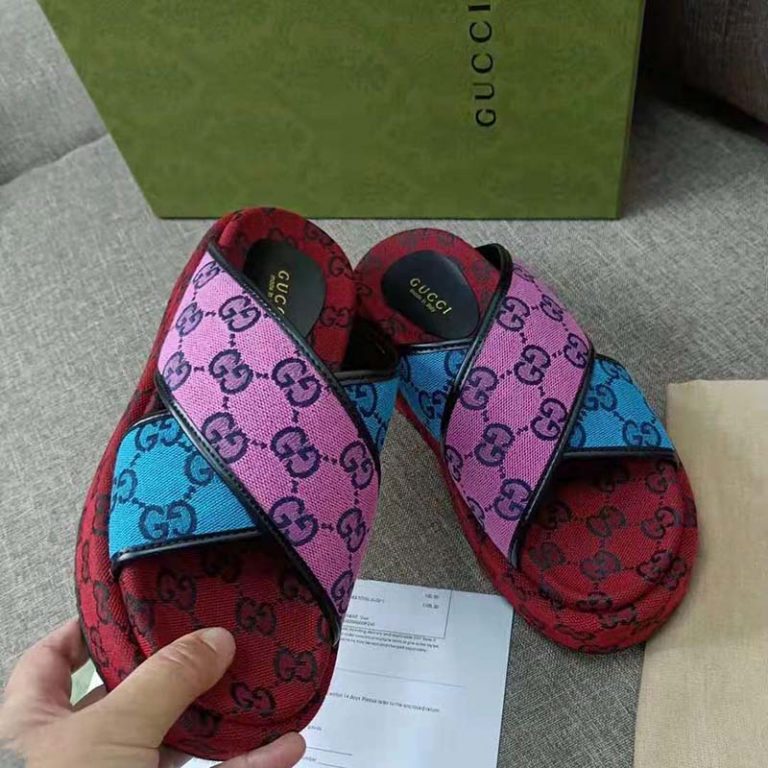 Gucci GG Women GG Multicolor Platform Sandal Light Blue and Blue GG Canvas LULUX