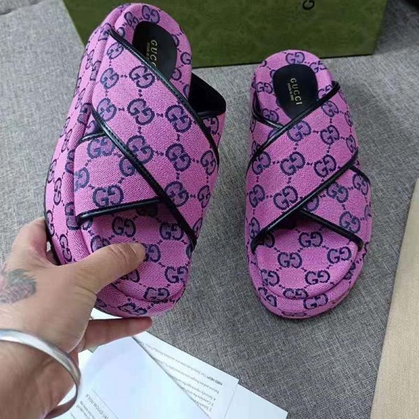Gucci GG Women GG Multicolor Platform Sandal Pink and Blue GG Canvas (7)