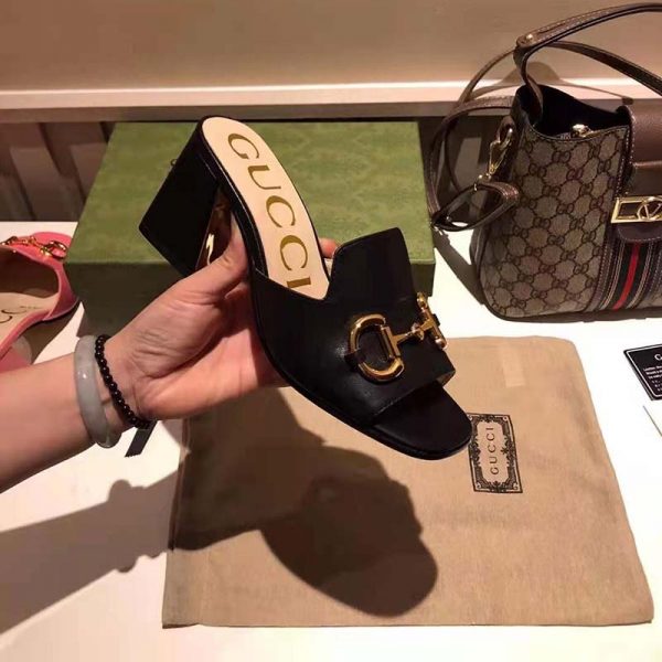 Gucci GG Women Slide Sandal with Horsebit Black Leather 8 cm Heel (11)