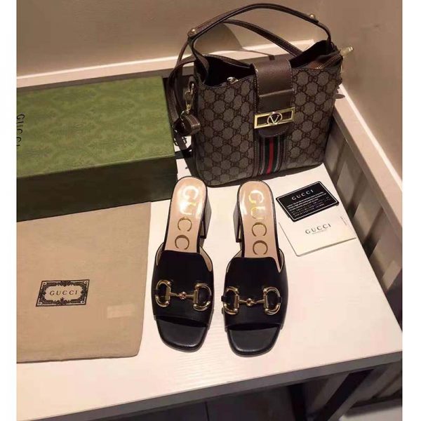 Gucci GG Women Slide Sandal with Horsebit Black Leather 8 cm Heel (3)