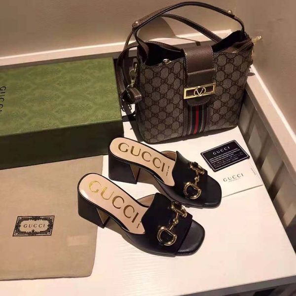 Gucci GG Women Slide Sandal with Horsebit Black Leather 8 cm Heel (4)