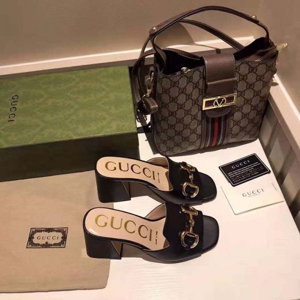 Gucci GG Women Slide Sandal with Horsebit Black Leather 8 cm Heel (5)