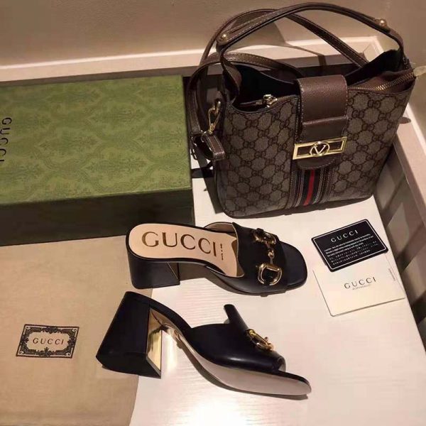 Gucci GG Women Slide Sandal with Horsebit Black Leather 8 cm Heel 