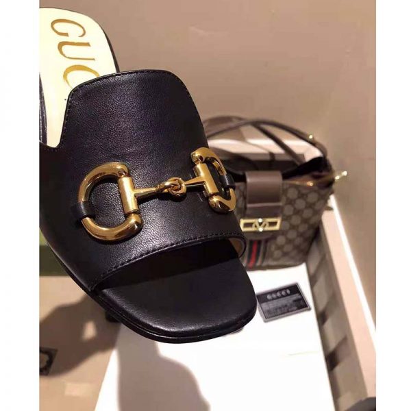 Gucci GG Women Slide Sandal with Horsebit Black Leather 8 cm Heel (7)