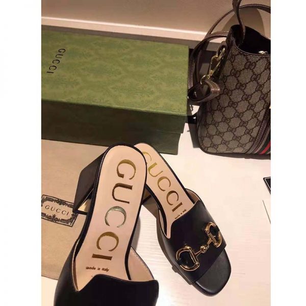 Gucci GG Women Slide Sandal with Horsebit Black Leather 8 cm Heel (8)