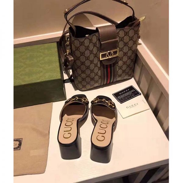 Gucci GG Women Slide Sandal with Horsebit Black Leather 8 cm Heel (9)