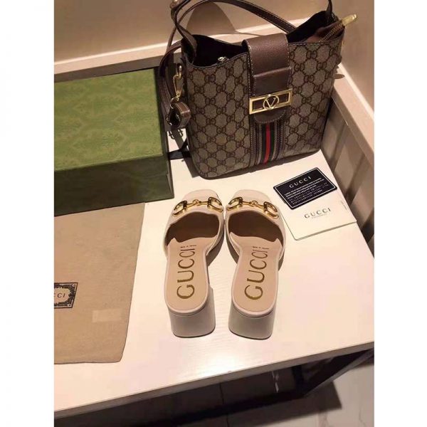 Gucci GG Women Slide Sandal with Horsebit White Leather 8 cm Heel (10)