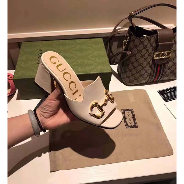 Gucci GG Women Slide Sandal with Horsebit White Leather 8 cm Heel (11)