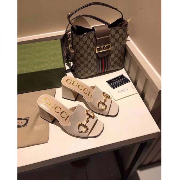 Gucci GG Women Slide Sandal with Horsebit White Leather 8 cm Heel (4)