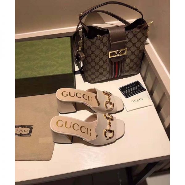 Gucci GG Women Slide Sandal with Horsebit White Leather 8 cm Heel (5)