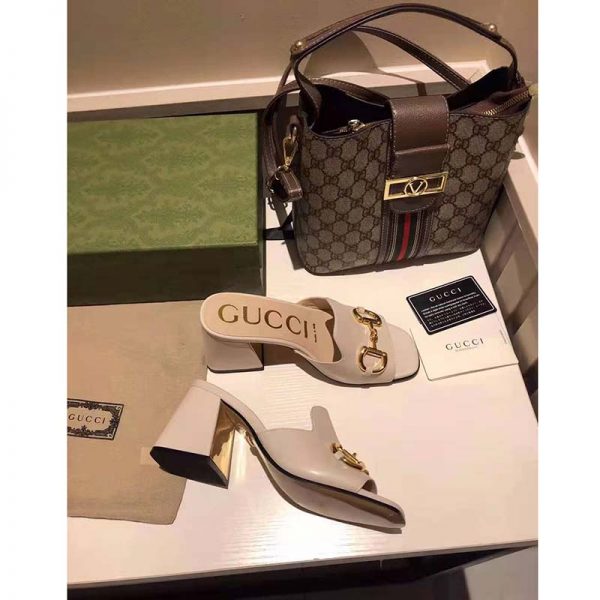 Gucci GG Women Slide Sandal with Horsebit White Leather 8 cm Heel (6)