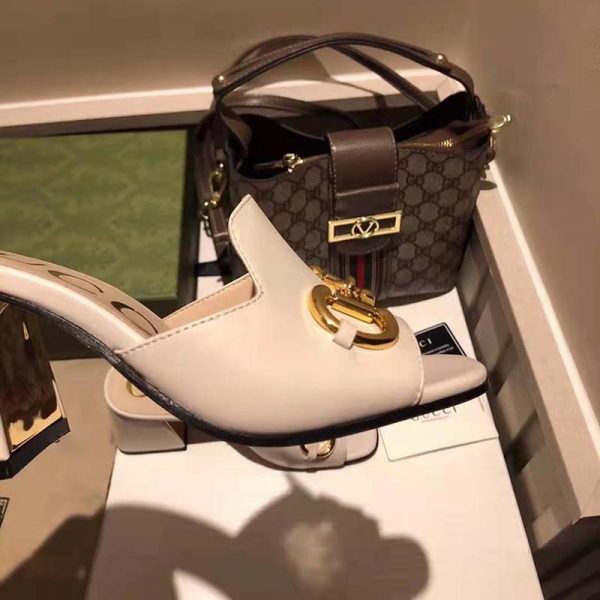 Gucci GG Women Slide Sandal with Horsebit White Leather 8 cm Heel (8)