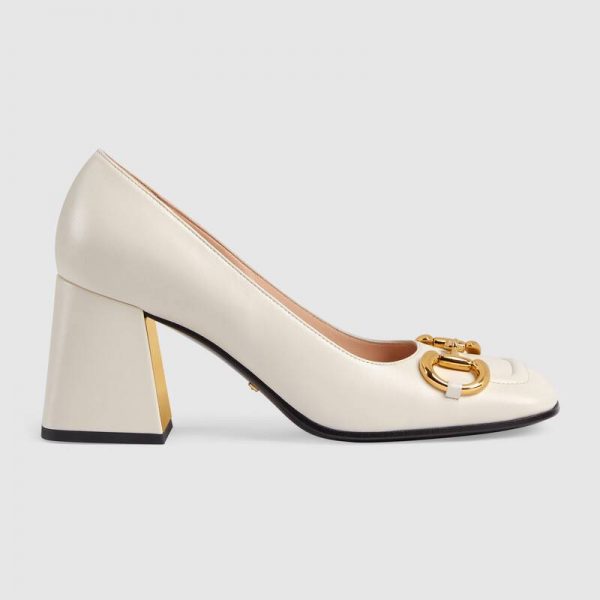 Gucci GG Women’s Mid-Heel Pump with Horsebit White Leather 8 cm Heel