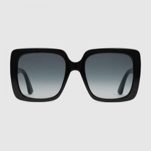 Gucci Unisex Rectangular-Frame Acetate Sunglasses Shiny Black Acetate Temples Crystals