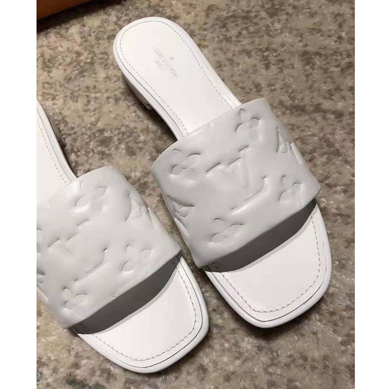 Louis Vuitton White Monogram Embossed Lambskin Revival Flat Mule - Sandal | Pre-owned & Certified | used Second Hand | Unisex