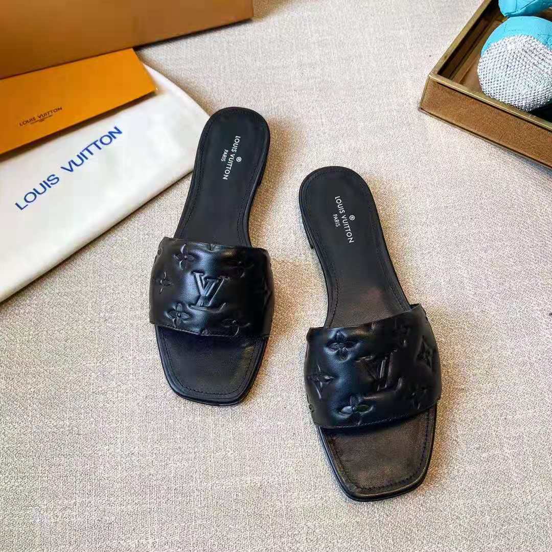 Replica Louis Vuitton Revival Flat Mules In Black Monogram Lambskin for  Sale