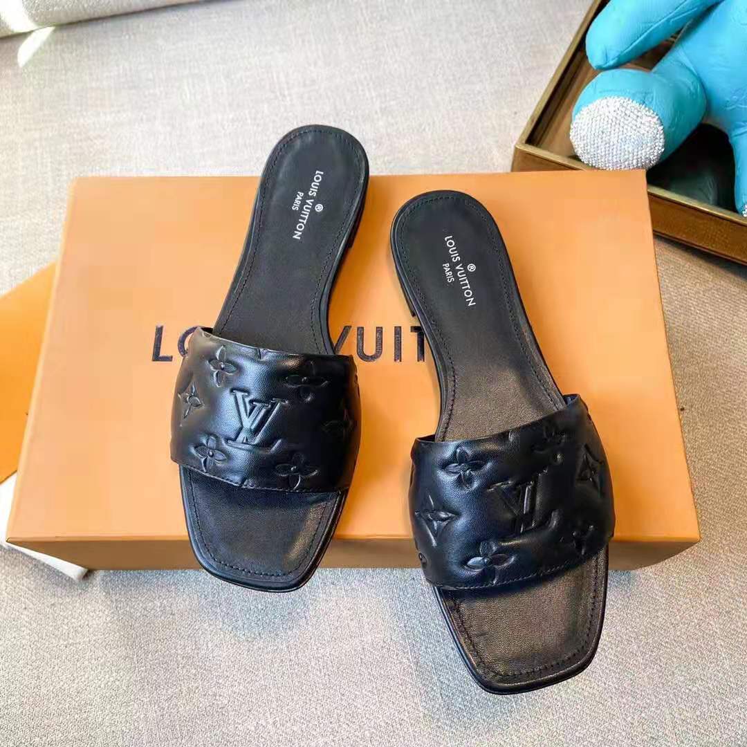 LOUIS VUITTON Lambskin Embossed Monogram Revival Flat Mules 36