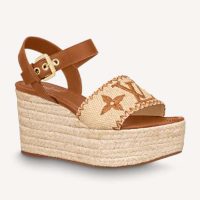 Louis Vuitton Women Boundary Wedge Sandal Raffia and Tan Calf Leather (1)