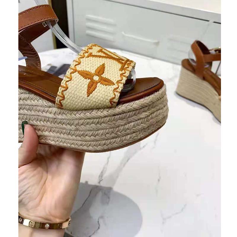 Louis Vuitton Women Boundary Wedge Sandal Raffia and Tan Calf