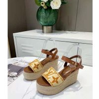 Louis Vuitton Women Boundary Wedge Sandal Raffia and Tan Calf Leather (1)