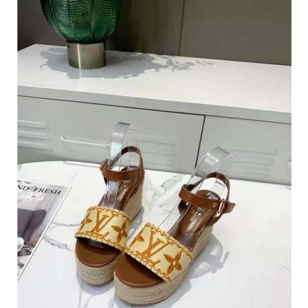 Louis Vuitton Women Boundary Wedge Sandal Raffia and Tan Calf Leather (3)