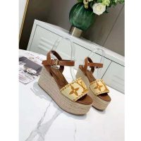 Louis Vuitton Women Boundary Wedge Sandal Raffia and Tan Calf Leather (1)