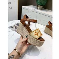 Louis Vuitton Women Boundary Wedge Sandal Raffia and Tan Calf Leather (1)