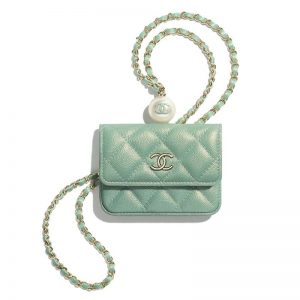 Chanel Women Flap Coin Purse Chain Iridescent Grained Calfskin Imitation Pearls Green