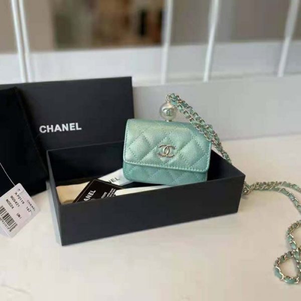Chanel Women Flap Coin Purse Chain Iridescent Grained Calfskin Imitation Pearls Green (10)