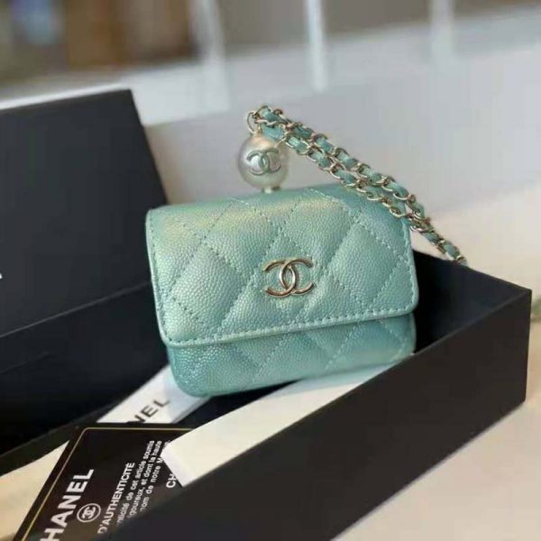 Chanel Women Flap Coin Purse Chain Iridescent Grained Calfskin Imitation Pearls Green (2)