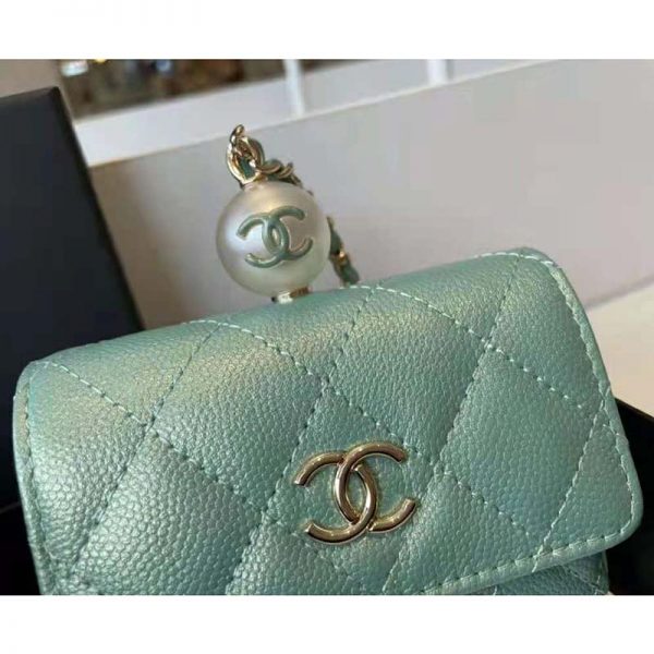 Chanel Women Flap Coin Purse Chain Iridescent Grained Calfskin Imitation Pearls Green (3)